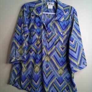 N Touch Blouse Women L 3/4 Sleeve Top Button Pockets Pattern Blue Green